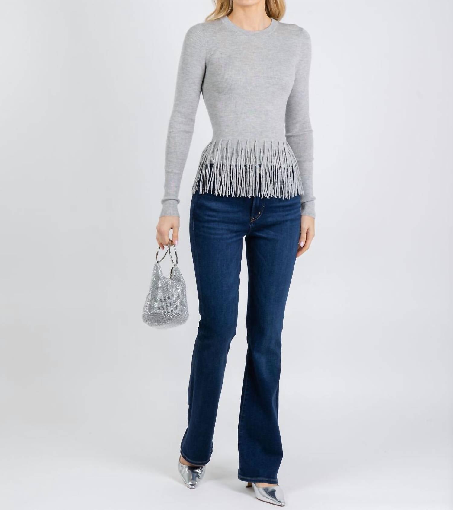 Autumn Cashmere Tiered Fringe Cashmere Rib Sweater in silver - women's sweater - view 6