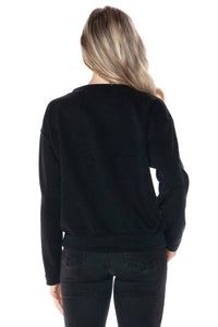 ariella Crewneck With Pleather Sleeves Top in black - women's long sleeve top - detail view