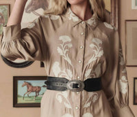 THE GREAT. Western Embroidered Herd Dress in soft tan with cream embroidery - women's dress - view 4
