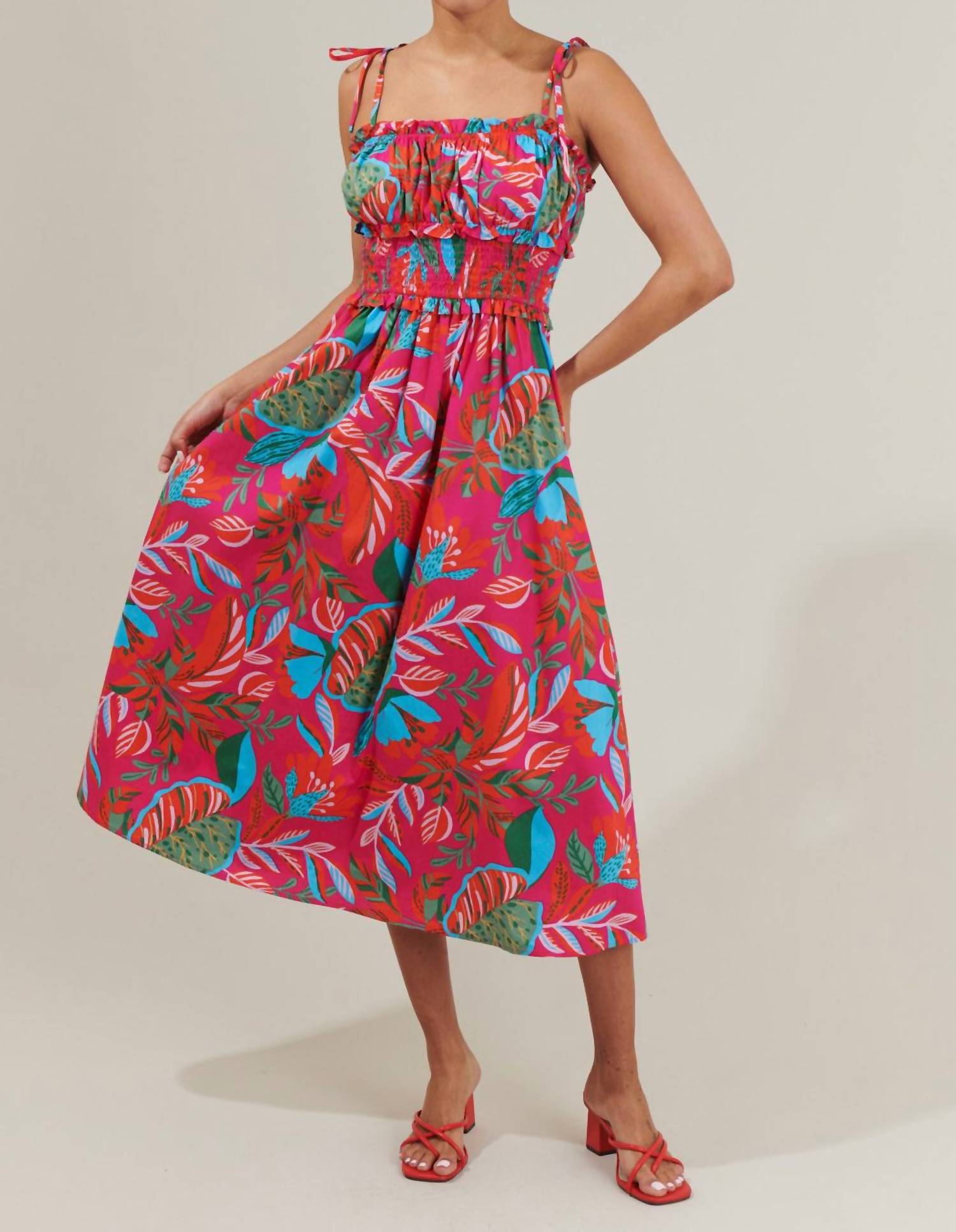 SUGARLIPS Cactus Blossom Midi Dress in fuchsia blue multi - women's dress