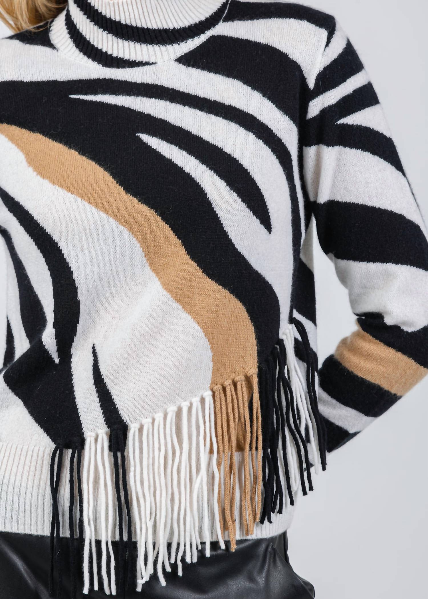 Brodie Cashmere - Zebra Fringe Cashmere Mock Neck Sweater
