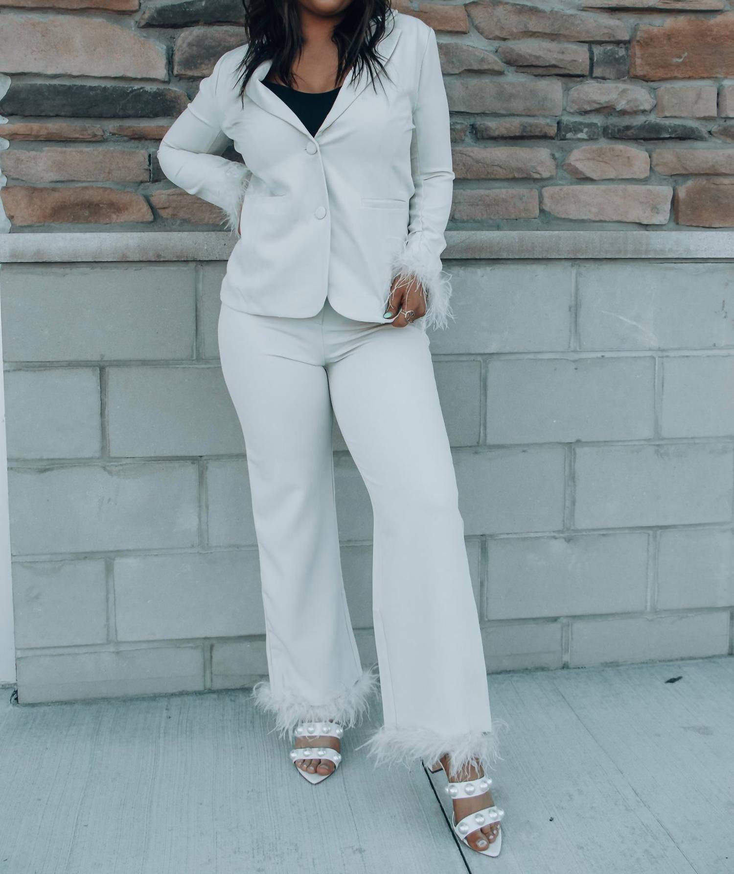 SKIES ARE BLUE Business Baddie Feather Cuff Straight Pants in cream - women's pants - view 7