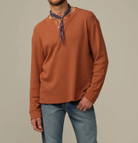 Road to Nowhere Crosby Organic Cotton Waffle Henley Shirt in terracotta - men's long sleeve top