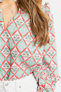 Karlie Paris Floral V-Neck Ruffle Top in green - women's long sleeve top - detail view