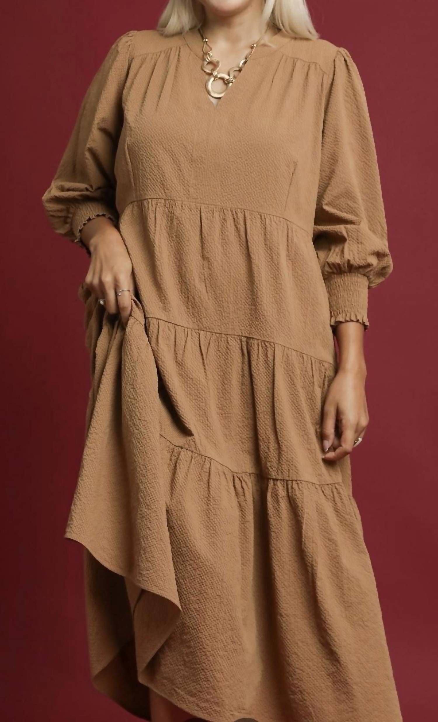 Umgee - Split Neck Tiered Midi Dress