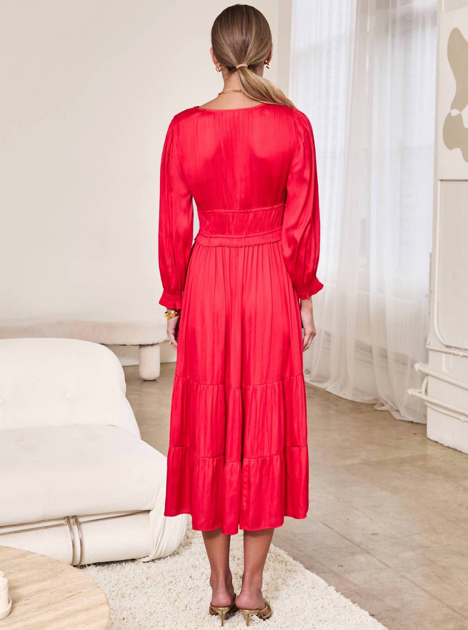 Current Air - V-neck Pleated Tiered Midi Dress
