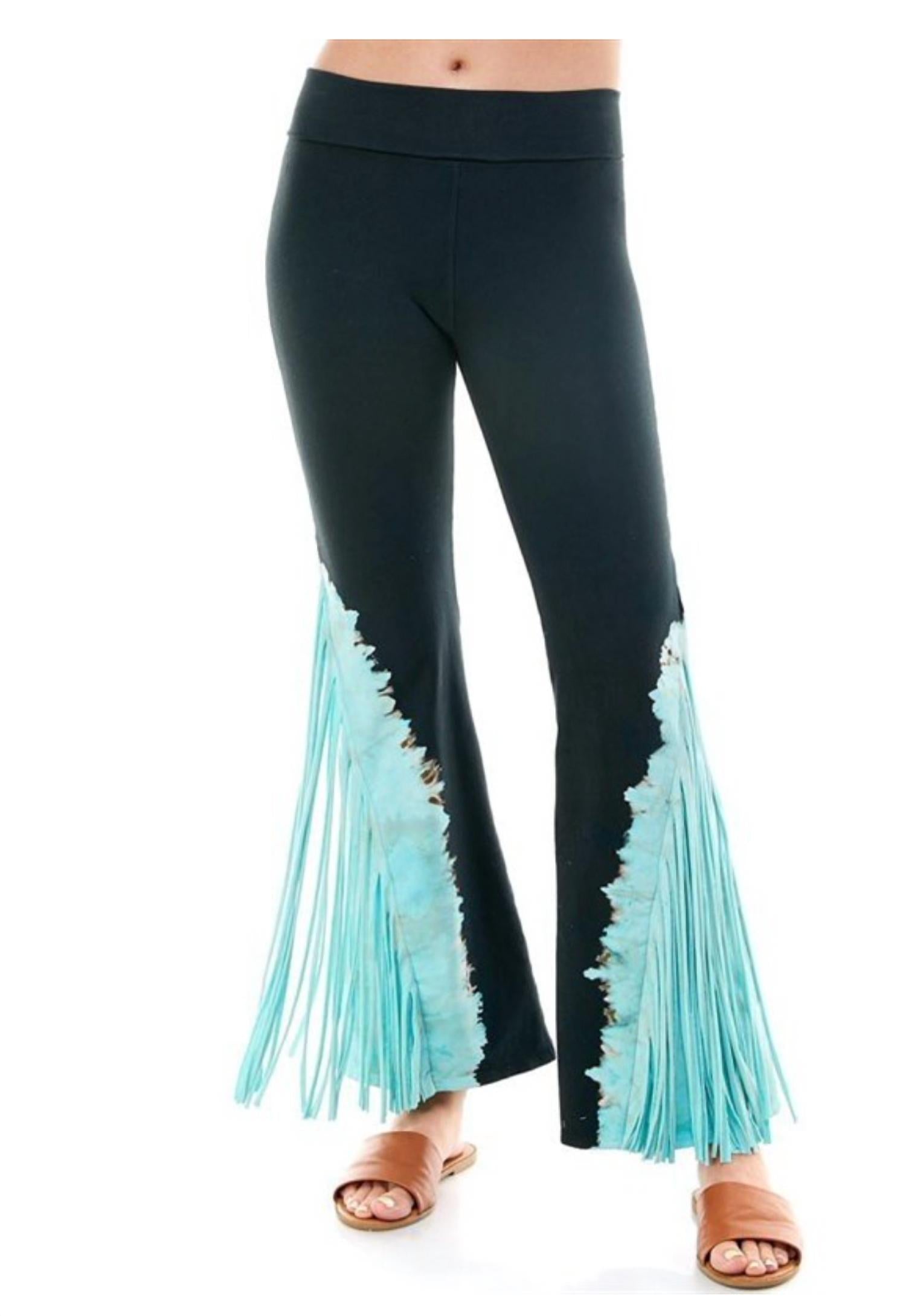 T-PARTY Tie Dye Fringed Yoga Pants in turquoise - women's pants