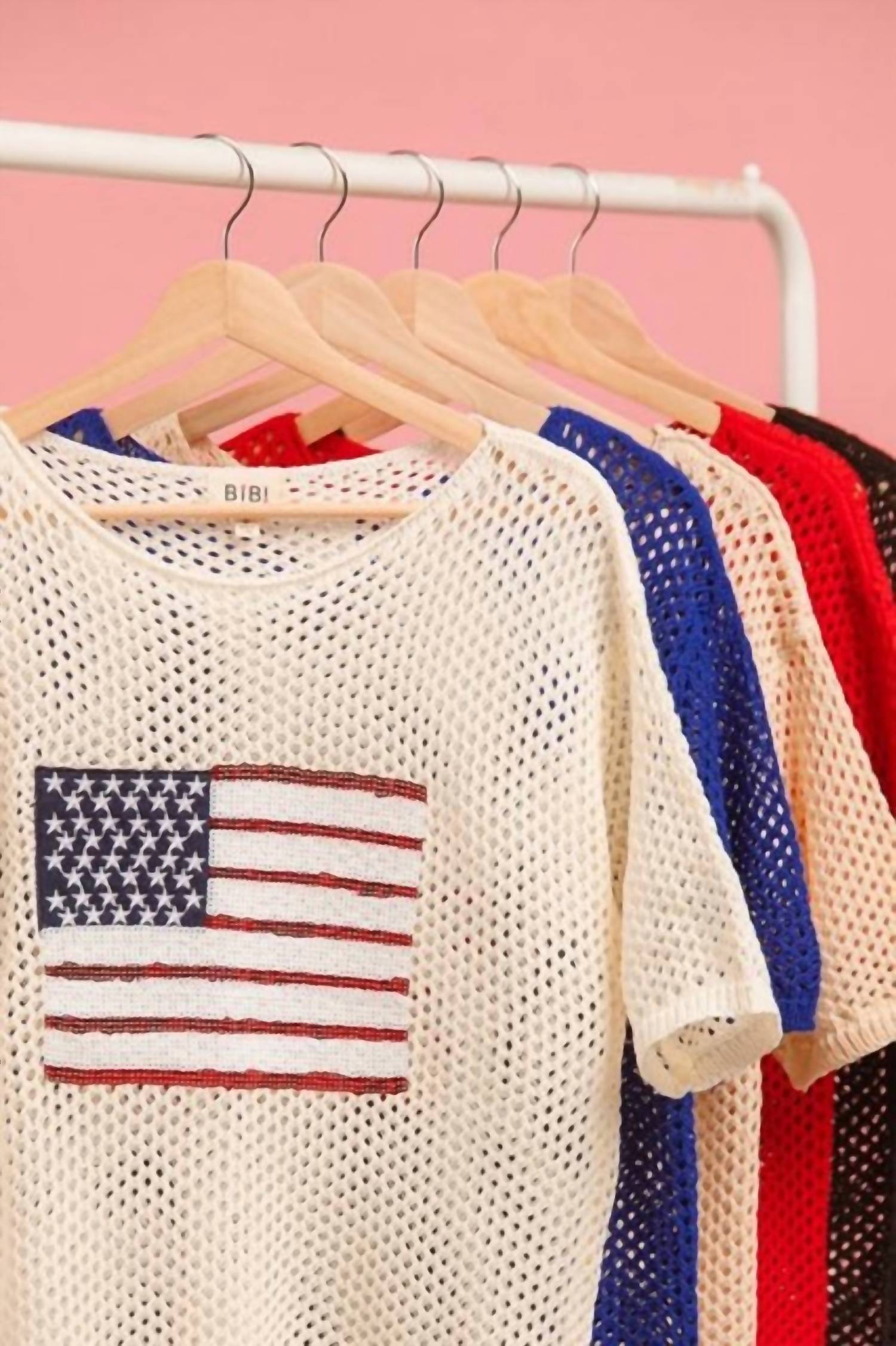 Bibi - Sequin American Flag Knit Cover Up Tee