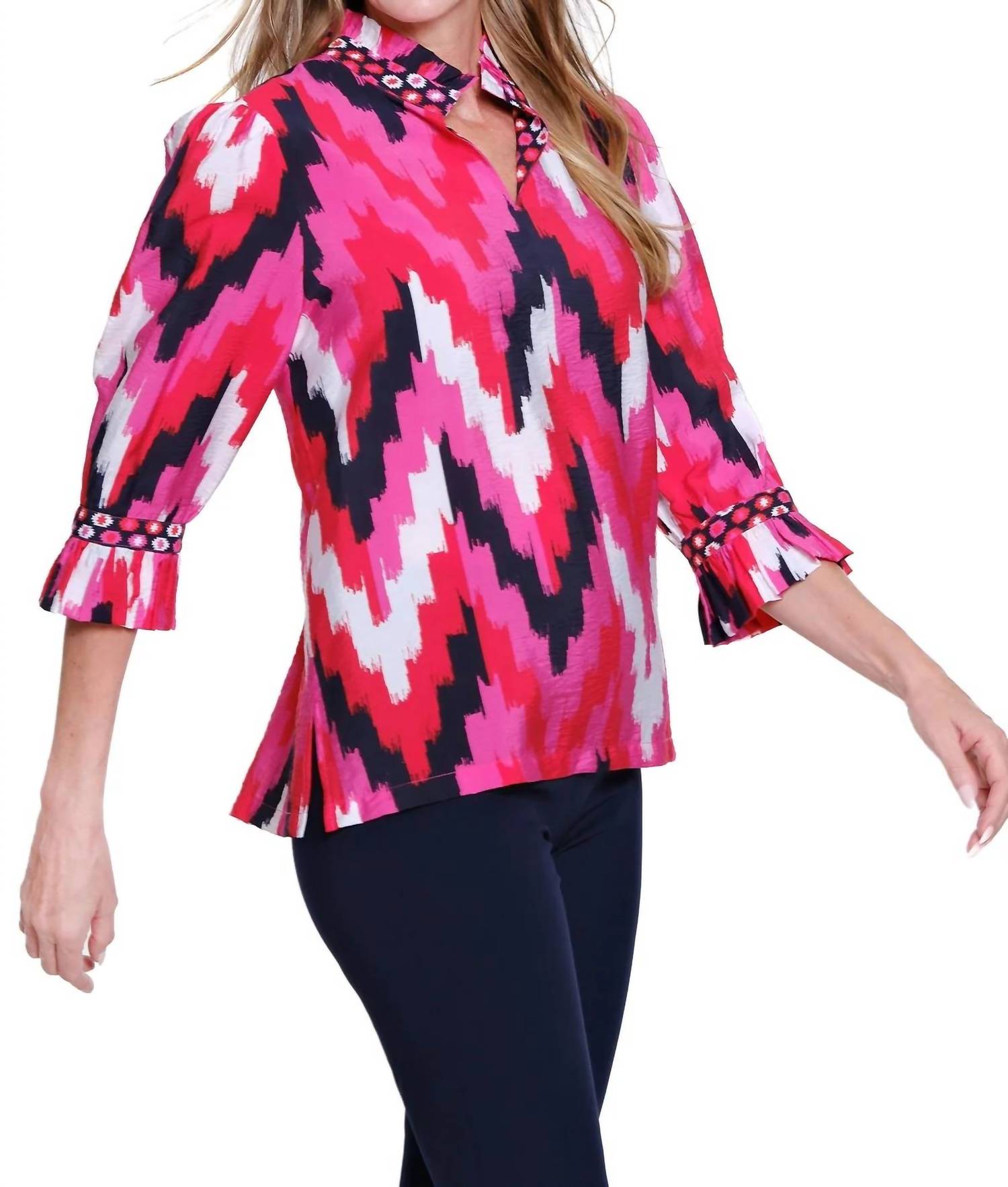 Multiples - Ruffle Collar Printed Top