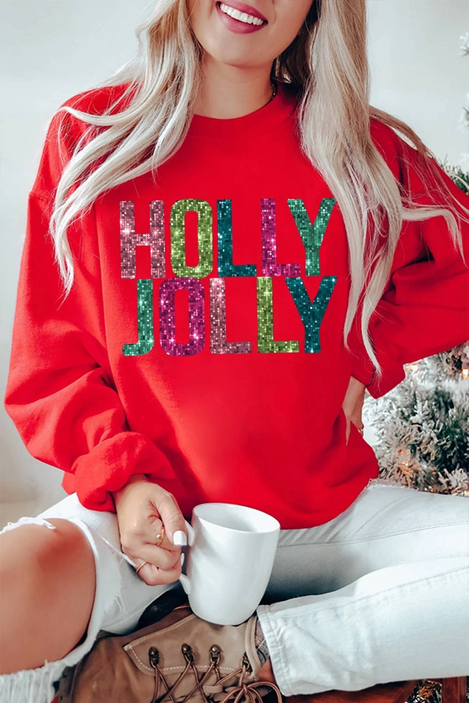 Kentce Fashion - Holly Jolly Glittering Printed Christmas Pullover Sweatshirt