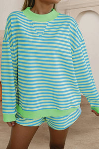 Shewin - Stripe Colorblock Pullover And Shorts Set