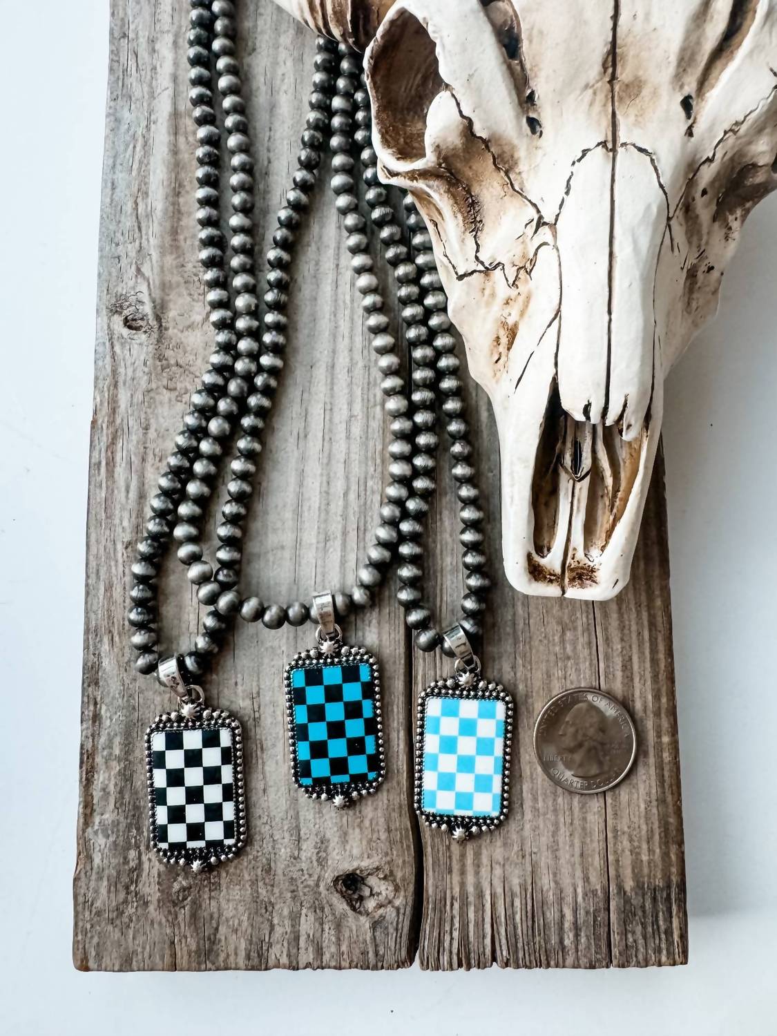 Boho Ranch Women's Checkered Pendant Necklace in black turquoise - women's item - view 4