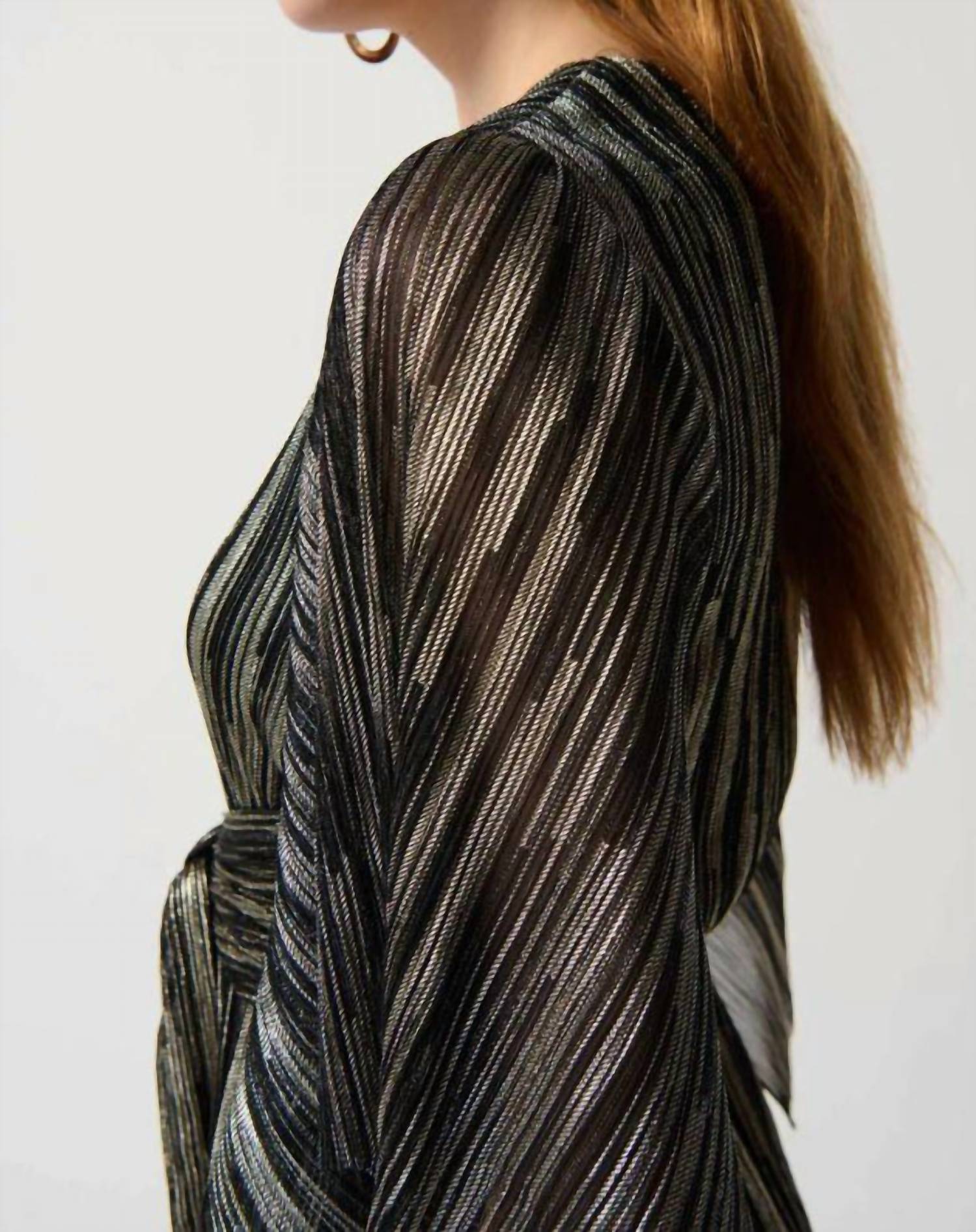 Joseph Ribkoff - Pleated Foil Knit Top With Shirred Waist And Sash