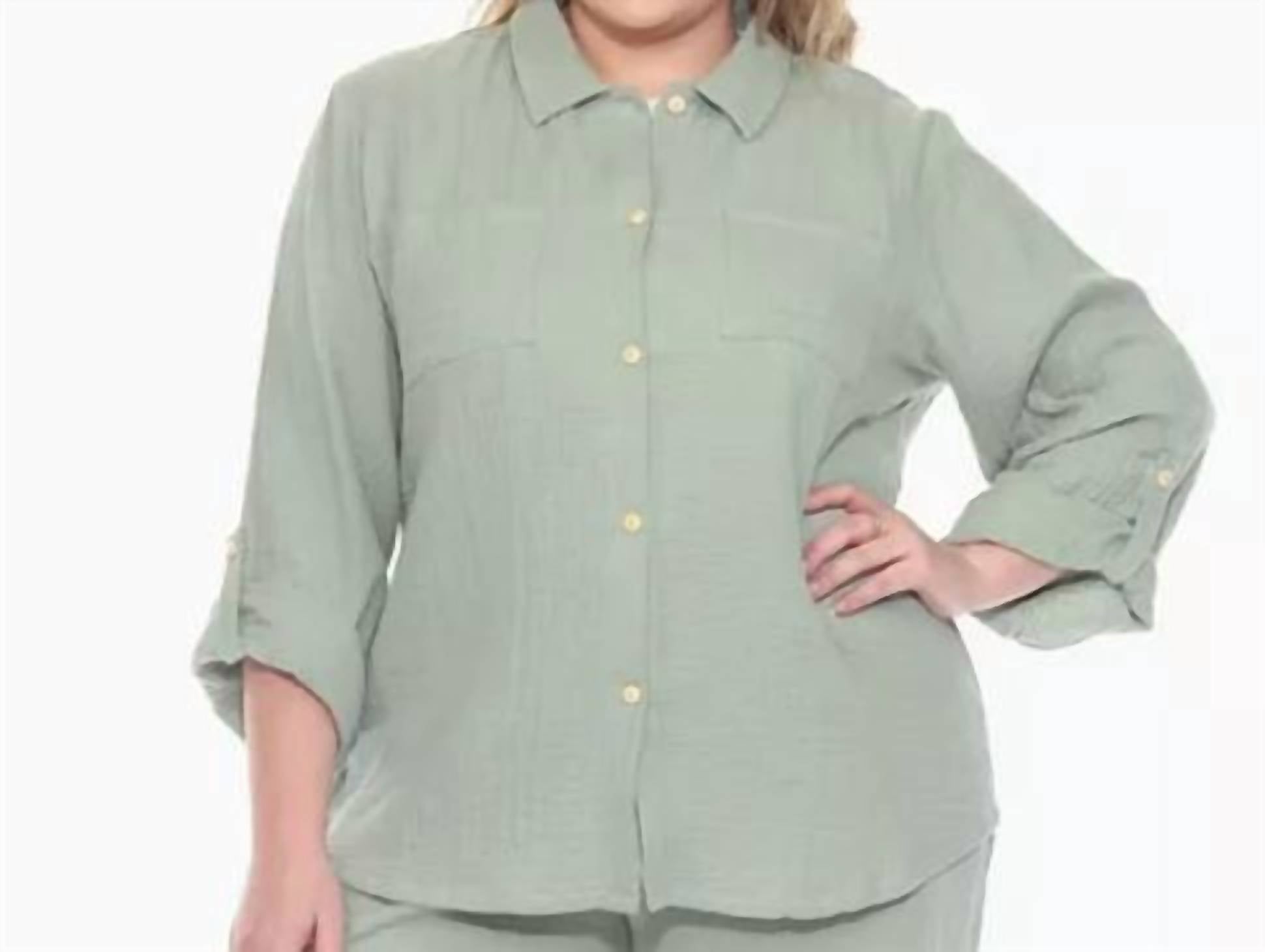White Mark Long Sleeve Button Down Top - Plus in olive - women's shirt