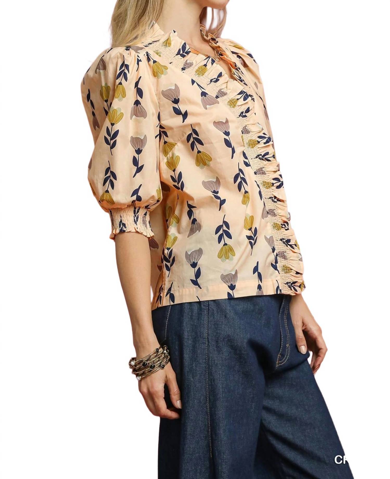 Umgee - Floral Ruffle Trim Puff Sleeve Blouse
