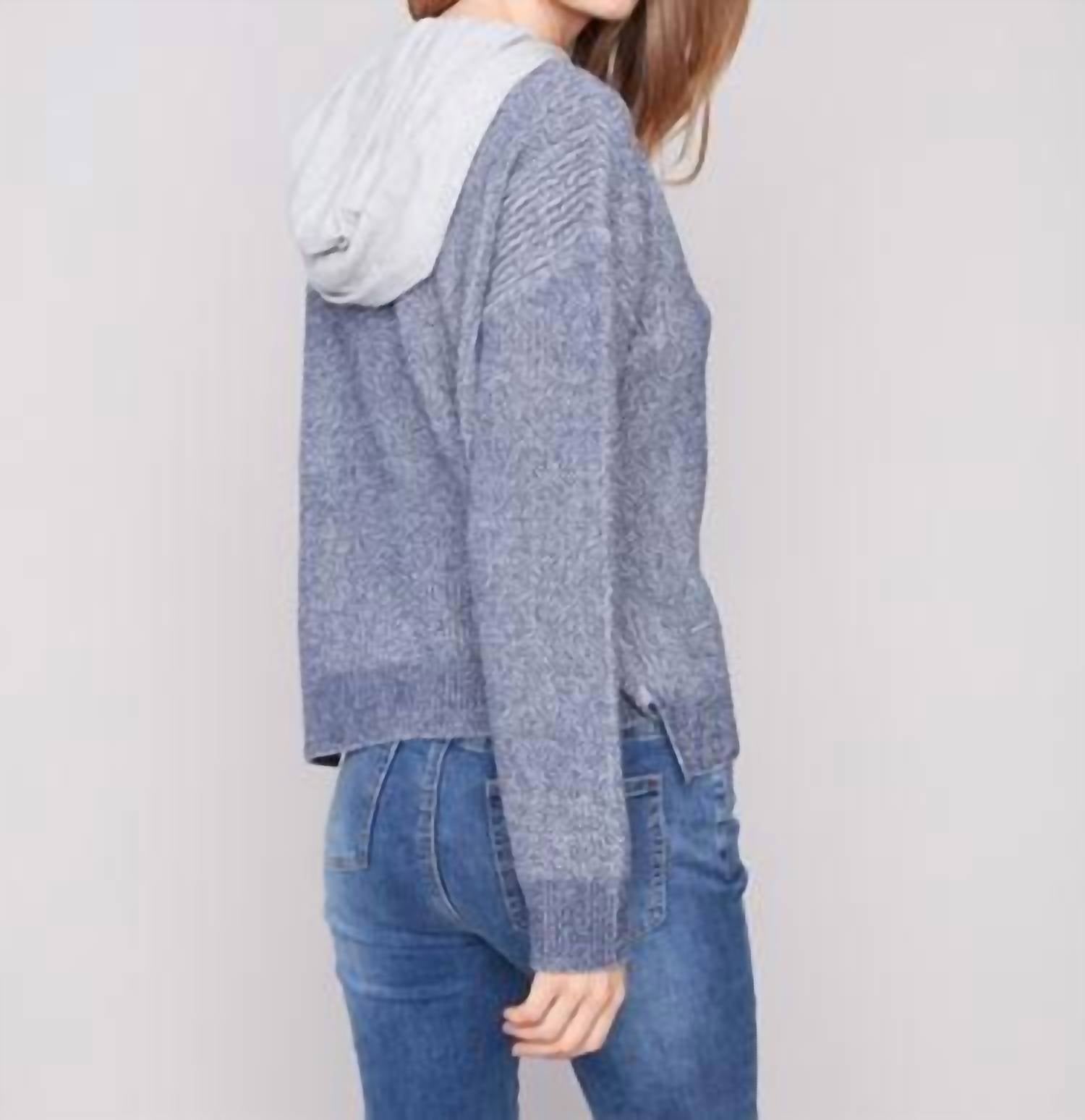 CHARLIE B Hoodie With Front Cable Detail Sweater in heather denim - women's top - detail view