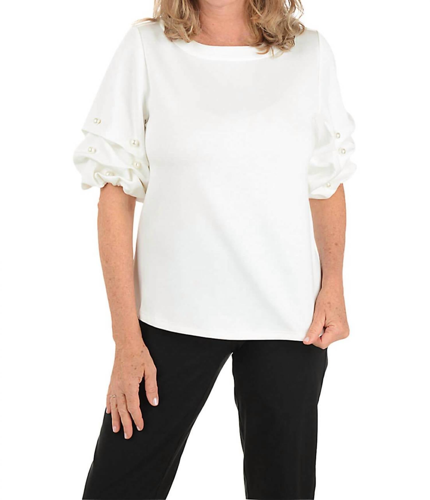 Beverly Rose Pearl Gathered Elbow Sleeve Top in white - women's blouse