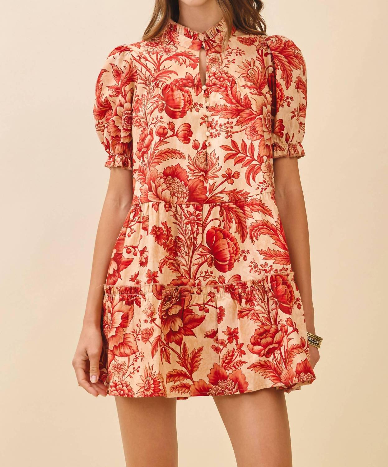 Tcec - Floral Ruffled Mock Neckline Mini Dress