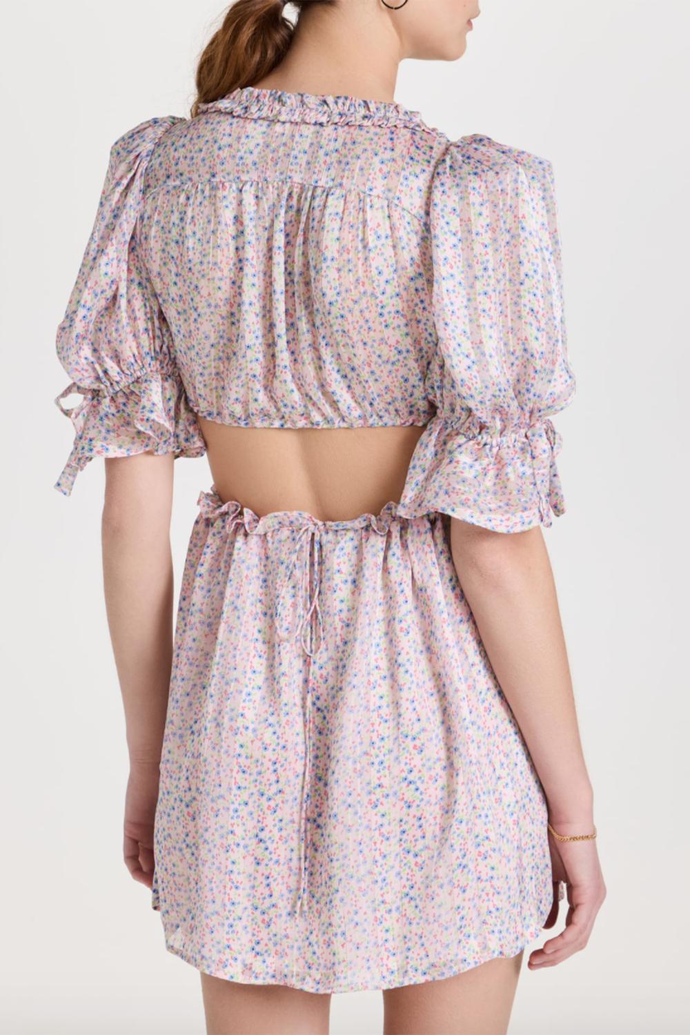PHOEBE FLORAL-PRINT CUTOUT SATIN CHIFFON MINI DRESS