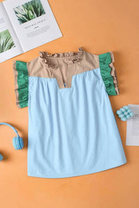 Lovesoft - Colorblock Ruffled Sleeve Frill V-neck Blouse