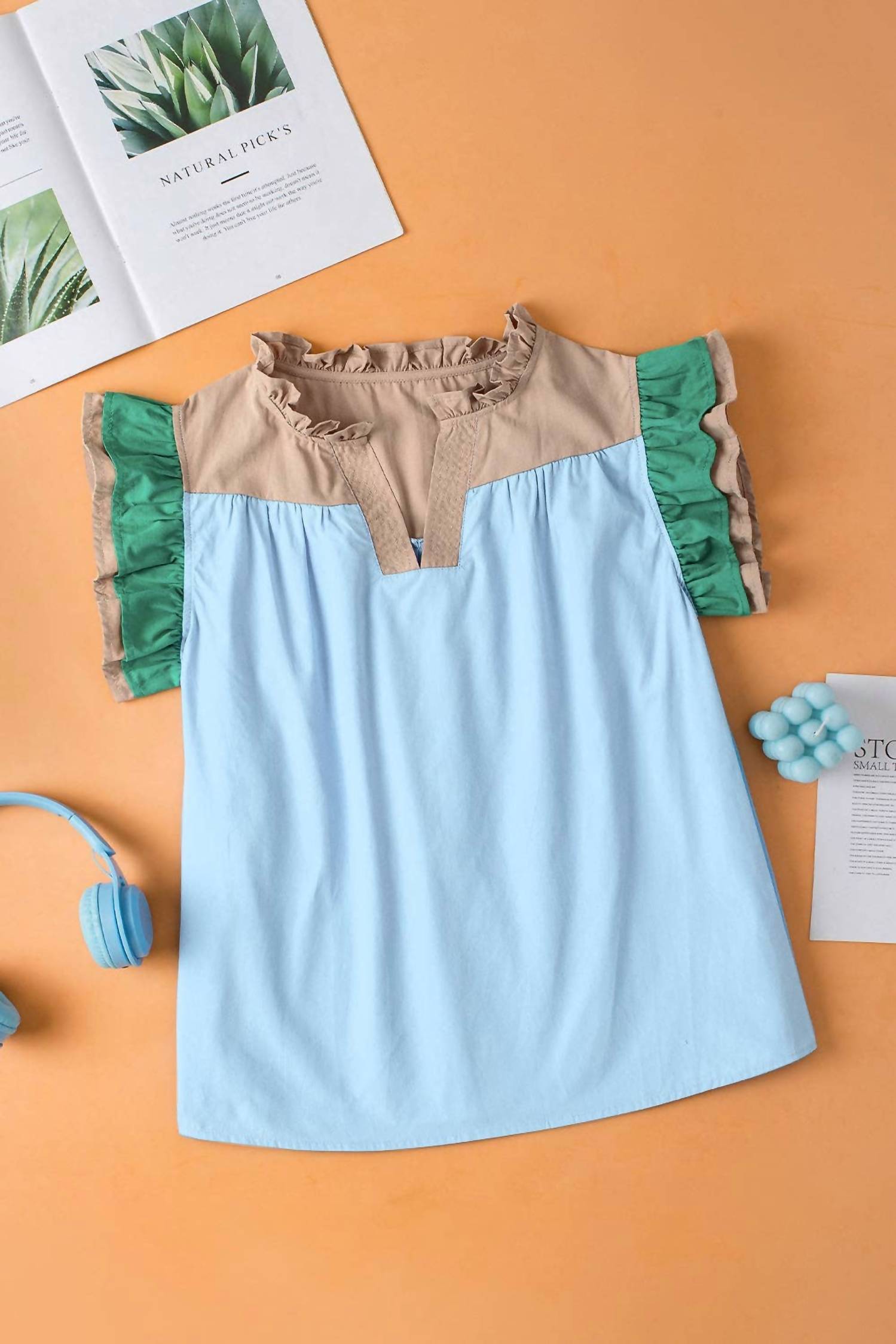 Lovesoft - Colorblock Ruffled Sleeve Frill V-neck Blouse