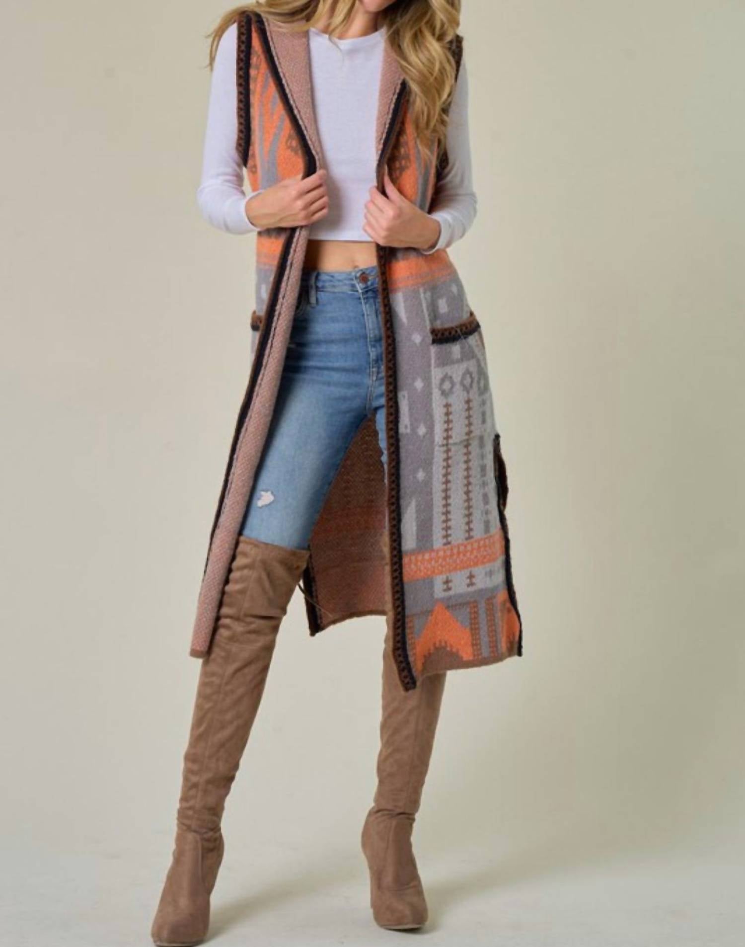 Coco - Elia Hooded Aztec Long Vest