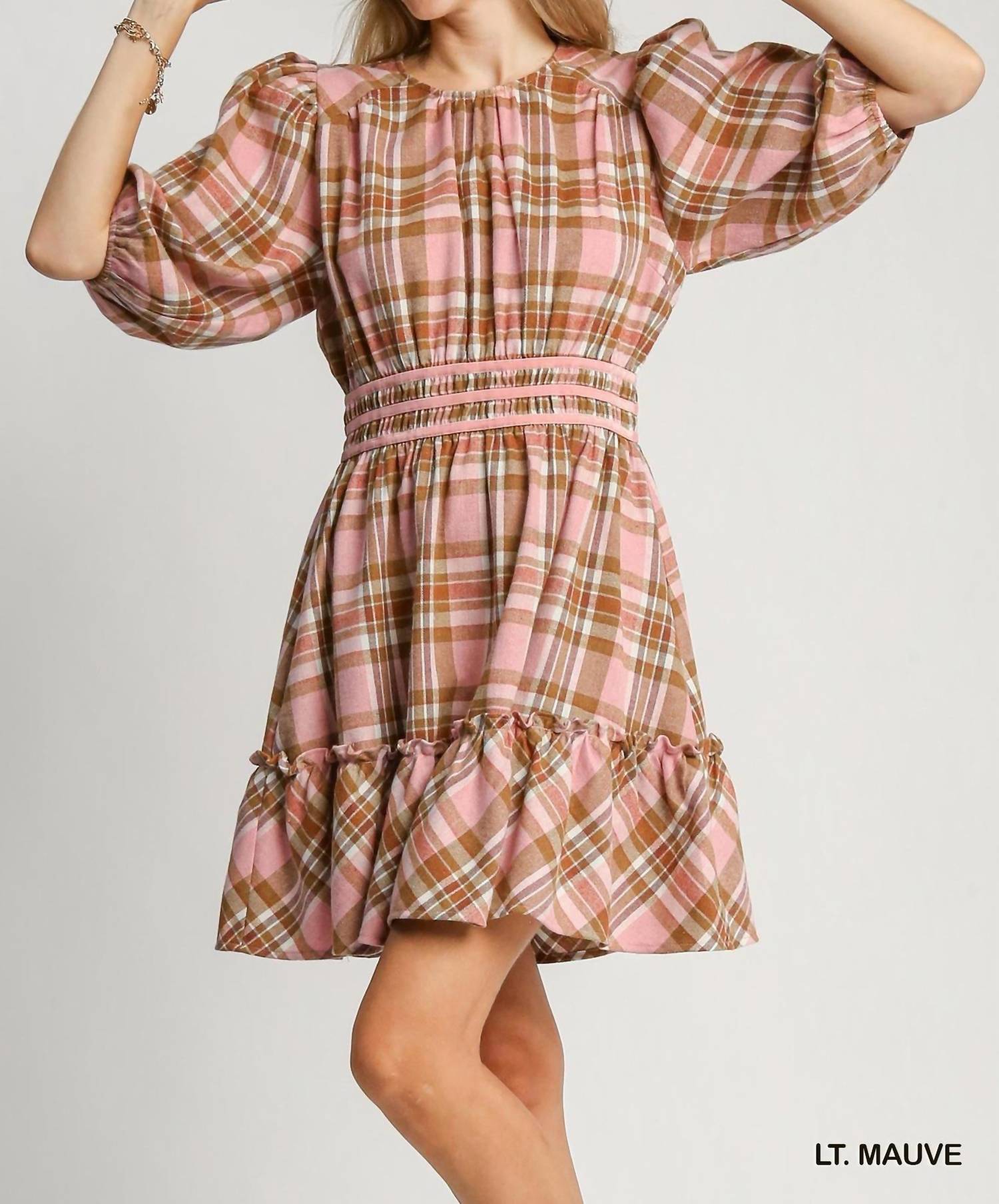 Umgee - Round Neck Plaid Dress