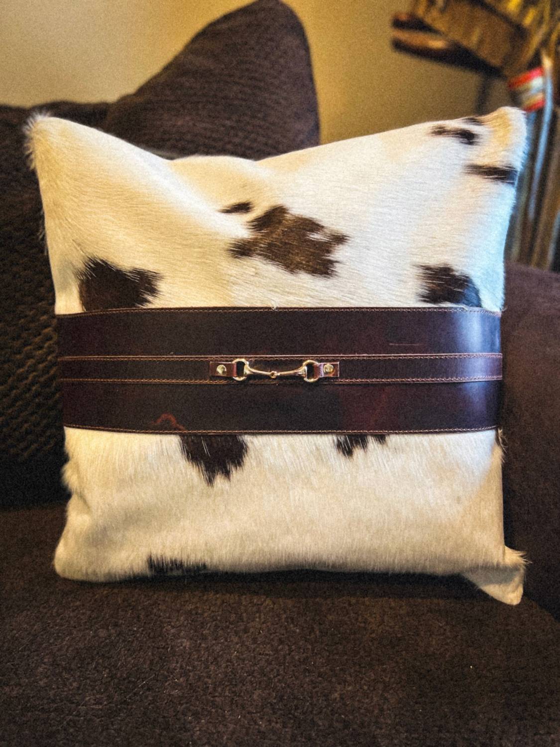 Equipage Snaffle Bit Cowhide Leather Pillow Cover #4 in brown white black - item
