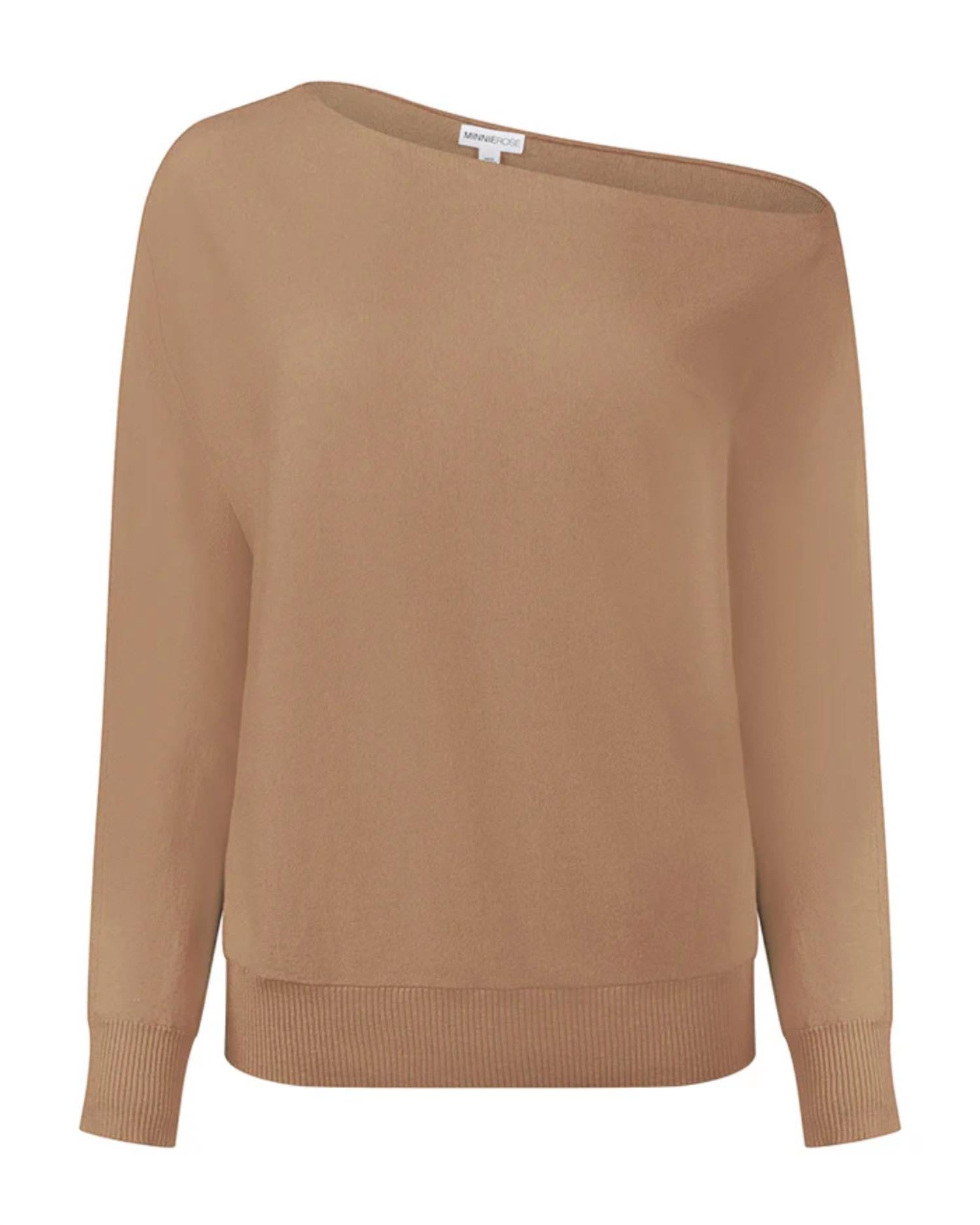 Minnie Rose Cotton Cashmere Off The Shoulder Top in camel - women's sweater - alternate view