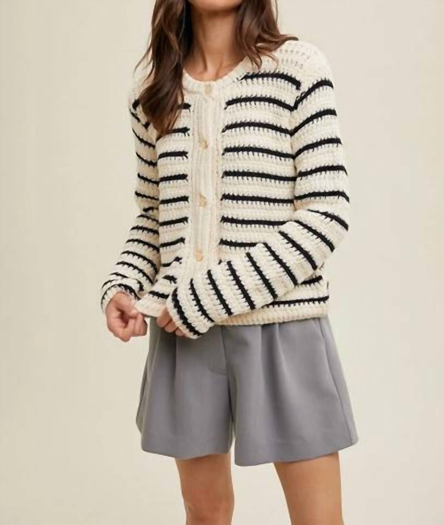 Another Love - Stripped Button Front Crochet Cardigan