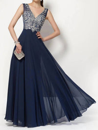 ALYCE PARIS Sleeveless Embellished V Neck Chiffon Gown in navy - women's dress