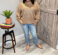 And The Why - Metallic Rose Gold Taupe Leopard Print Balloon Sleeve Sweater