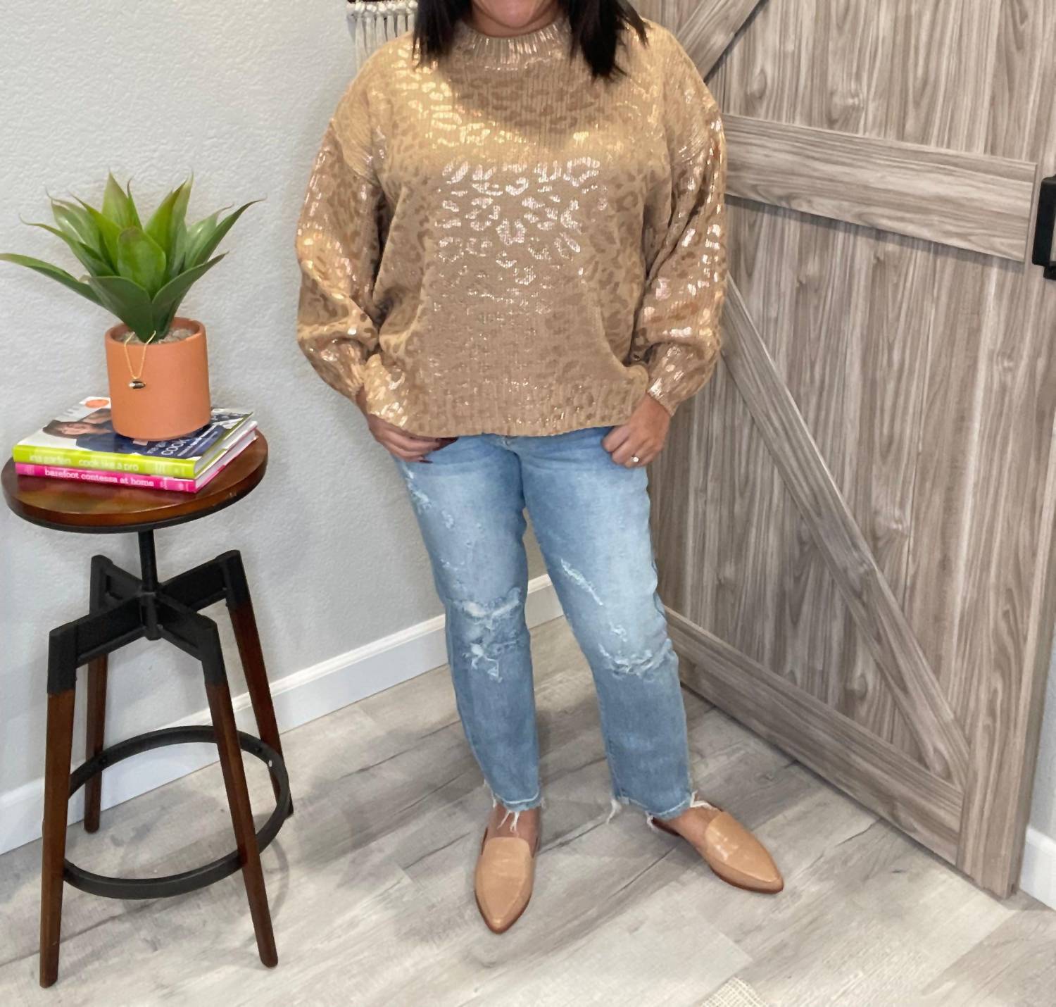 And The Why - Metallic Rose Gold Taupe Leopard Print Balloon Sleeve Sweater