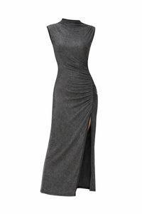 Dress Forum - Metallic Mock Neck Midi Slit Dress