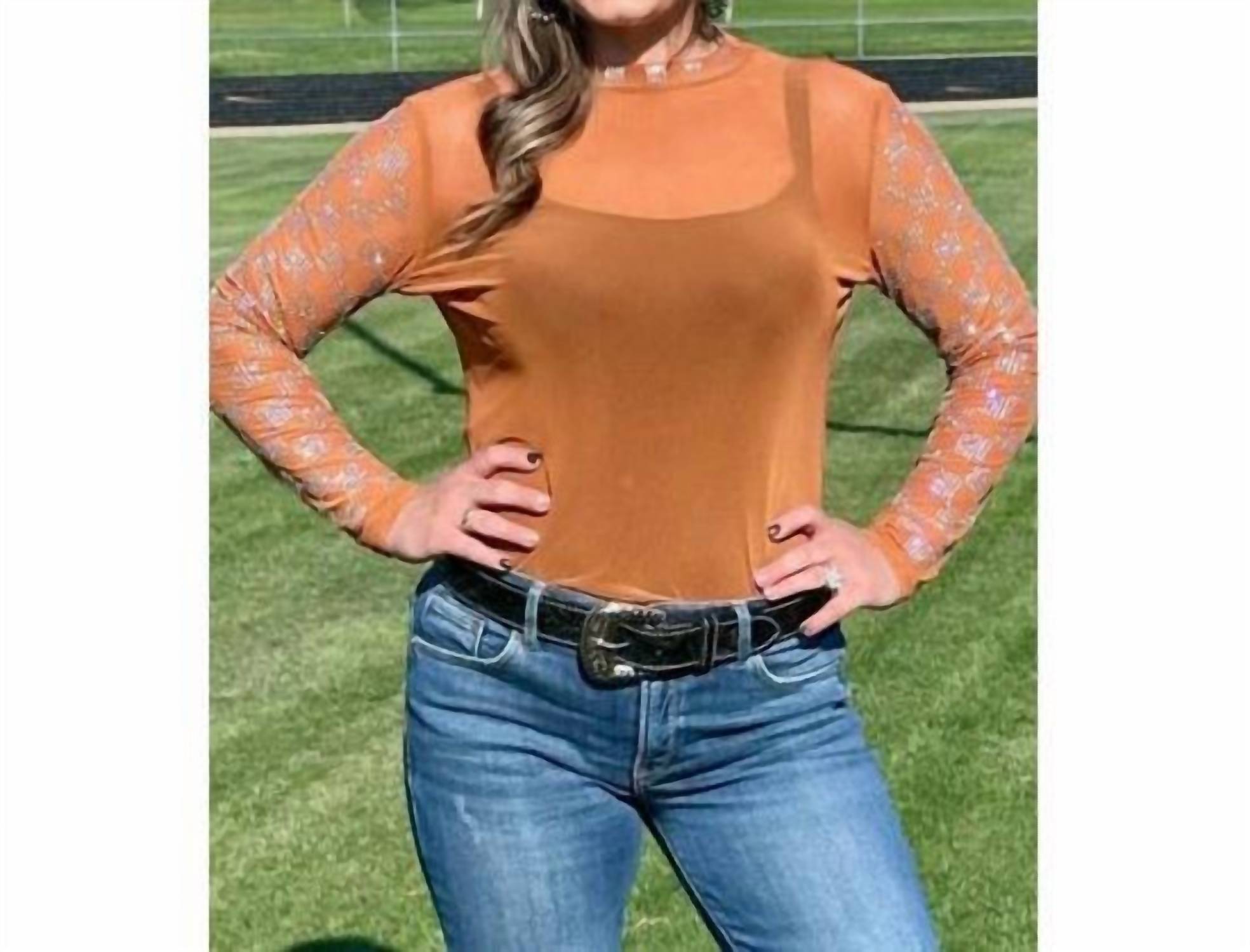 Sterling Kreek Rhinestone Checkered Mesh Top in burnt orange - women's blouse - detail view