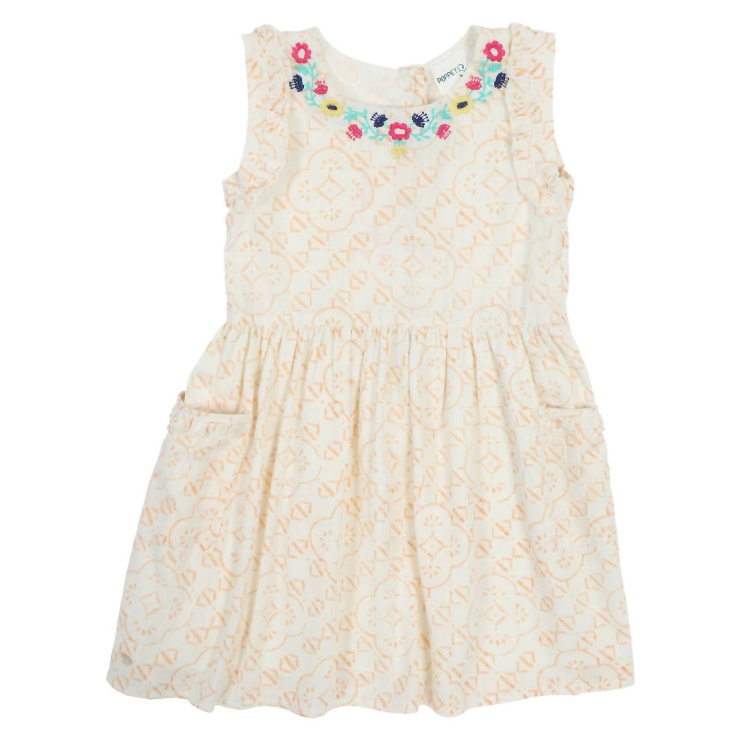 Poppet & Fox - Girl's Patch Pocket Dress With Floral Neckline