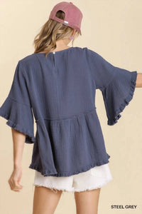 Umgee - Gauze Round Neck Short Bell Sleeve Babydoll Top