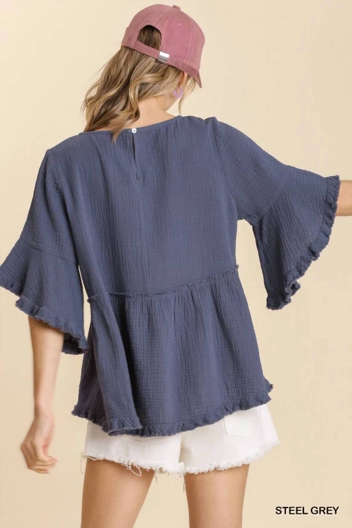 Umgee - Gauze Round Neck Short Bell Sleeve Babydoll Top