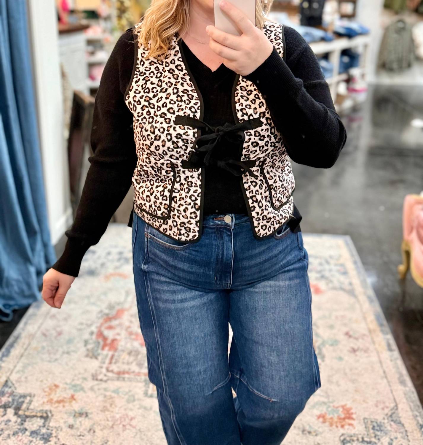 Listicle Mute Leopard Front Tie Vest in pink - women's blouse - detail view