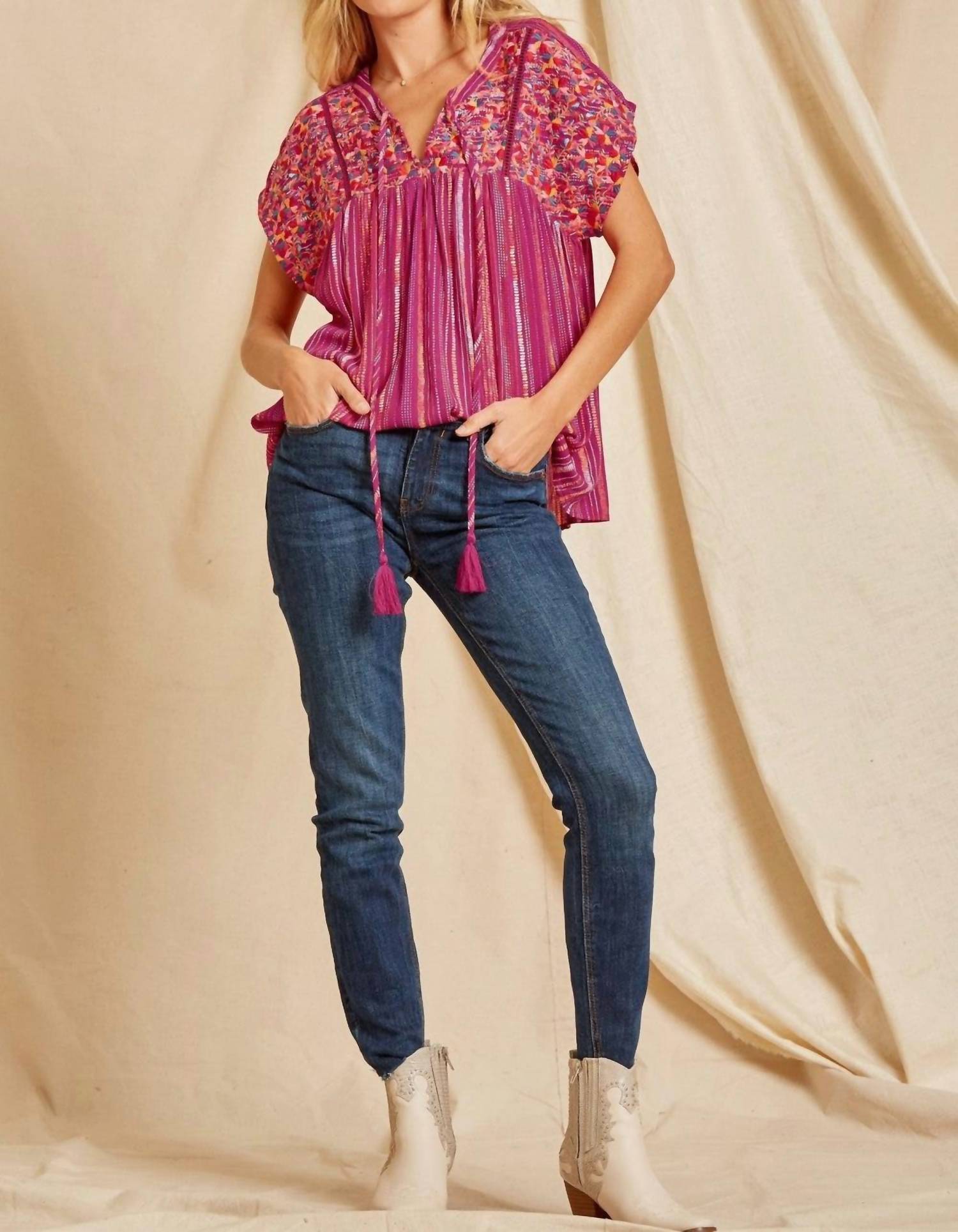 Andree By Unit - Striped Babydoll Embroidered Top