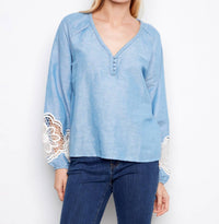 CHARLIE B Linen Blend V-Neck Long Sleeve Blouse in chambray - women's blouse
