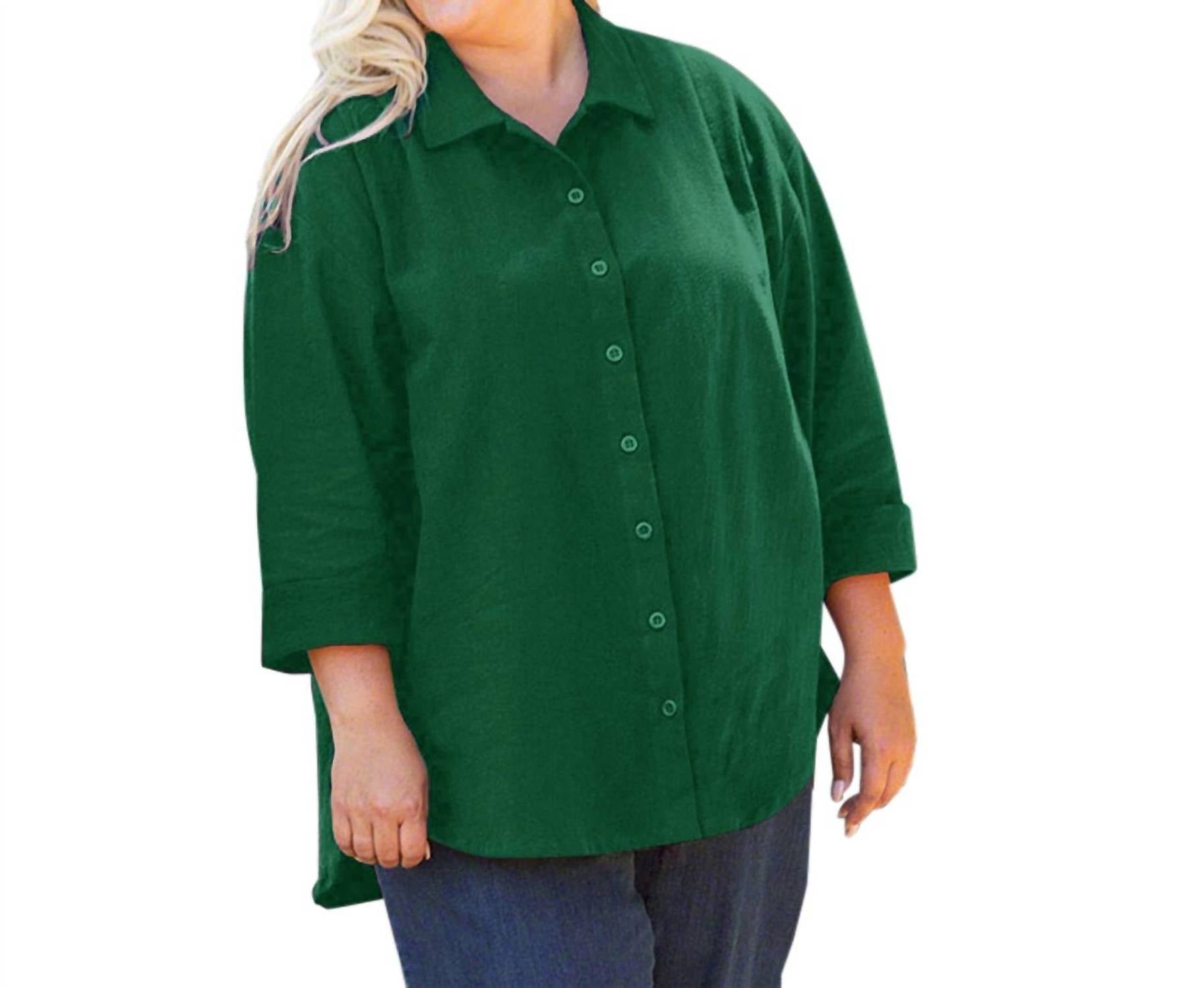 On The Plus Side - 3/4 Sleeve Crinkle Cotton Long Sleeve Button Up - Plus