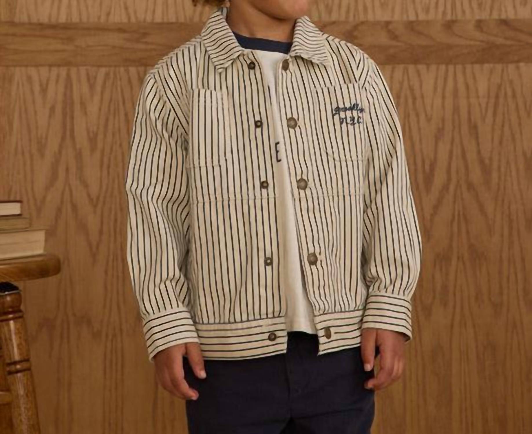 Rylee + Cru Chore Coat in navy pinestripe - kids' jacket - detail view