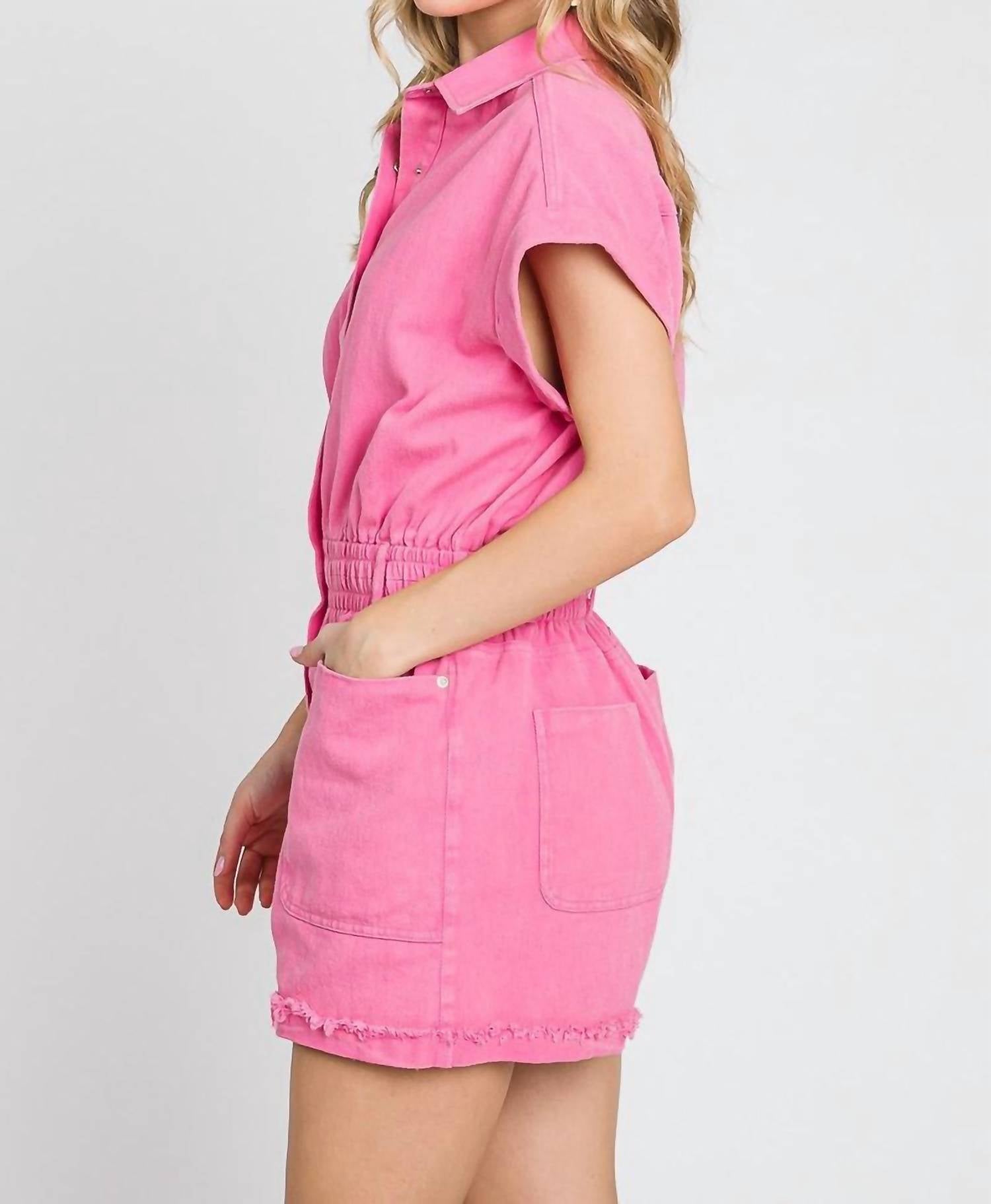 Sewn and Seen Edie Mineral Washed Denim Romper in vintage fuchsia - women's pants - view 4