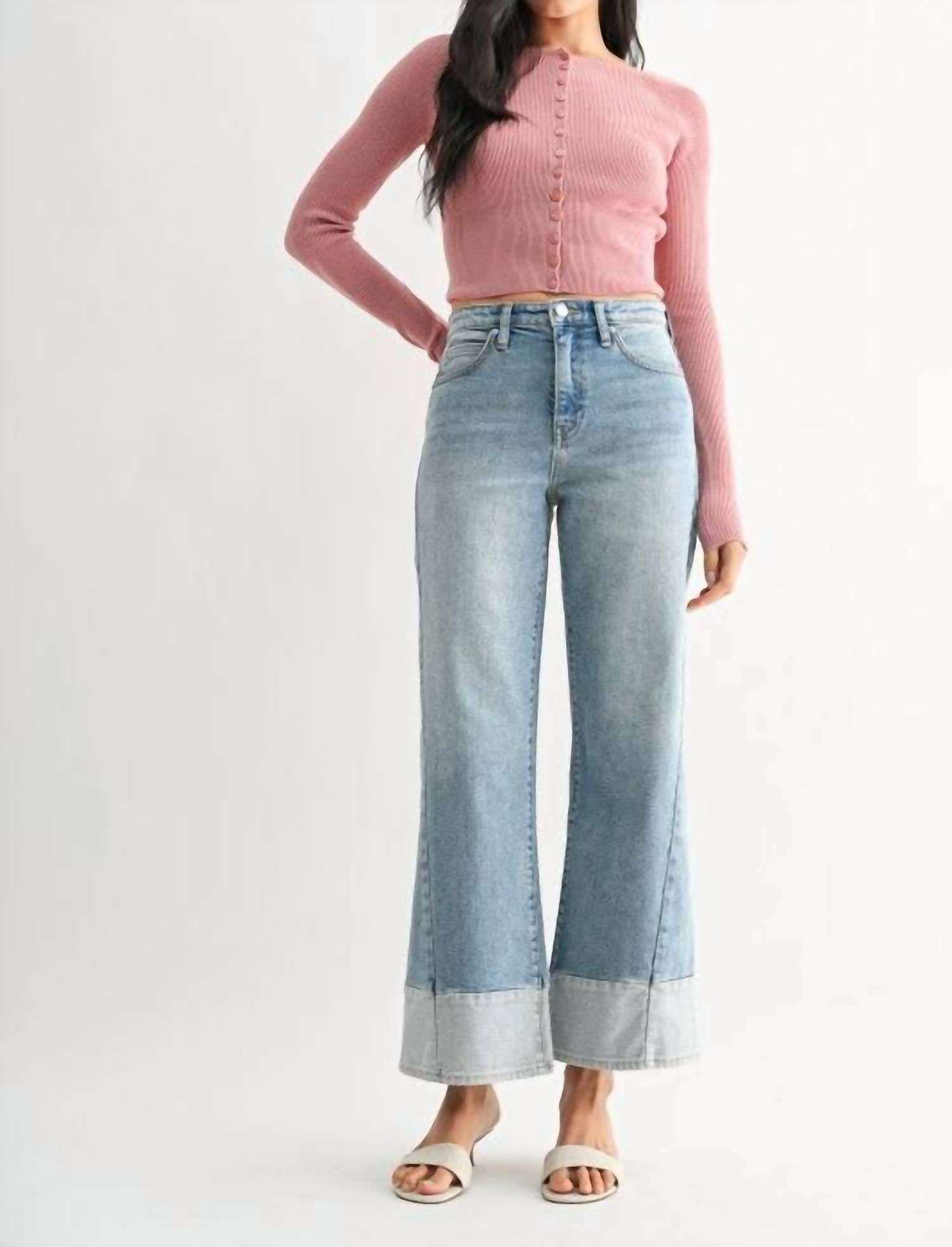JBD. High Rise Two Toned Slim Wide Leg Jeans in light blue - women's jeans