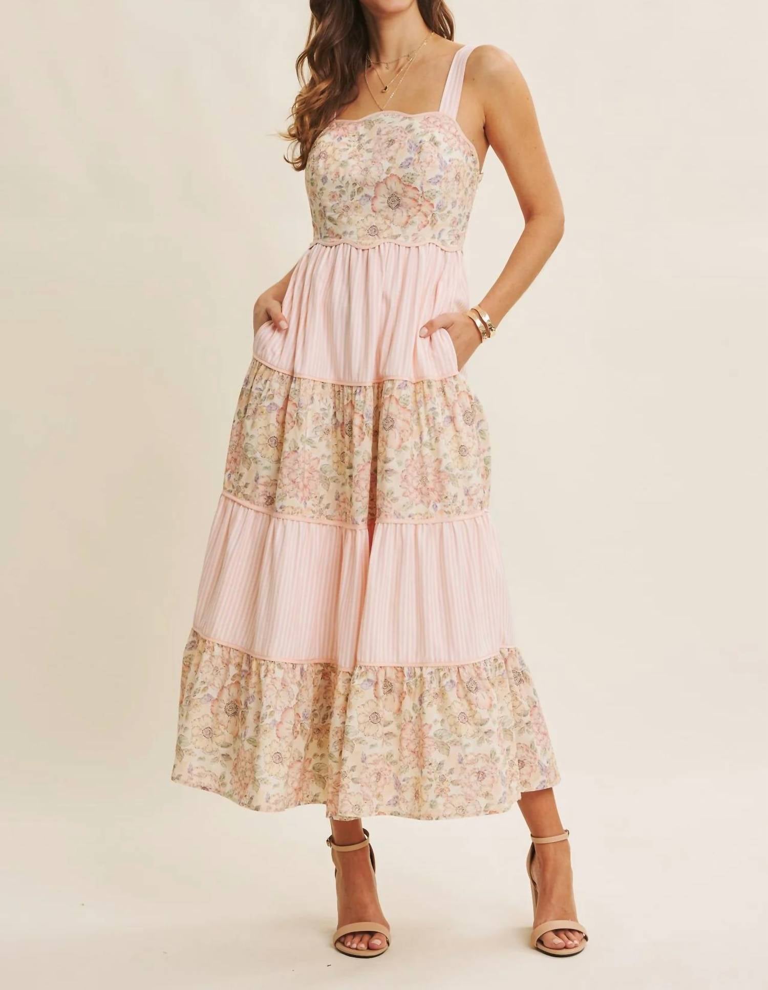 In February - Dreamy Ideal Florals And Stripes Tiered Midi Dress
