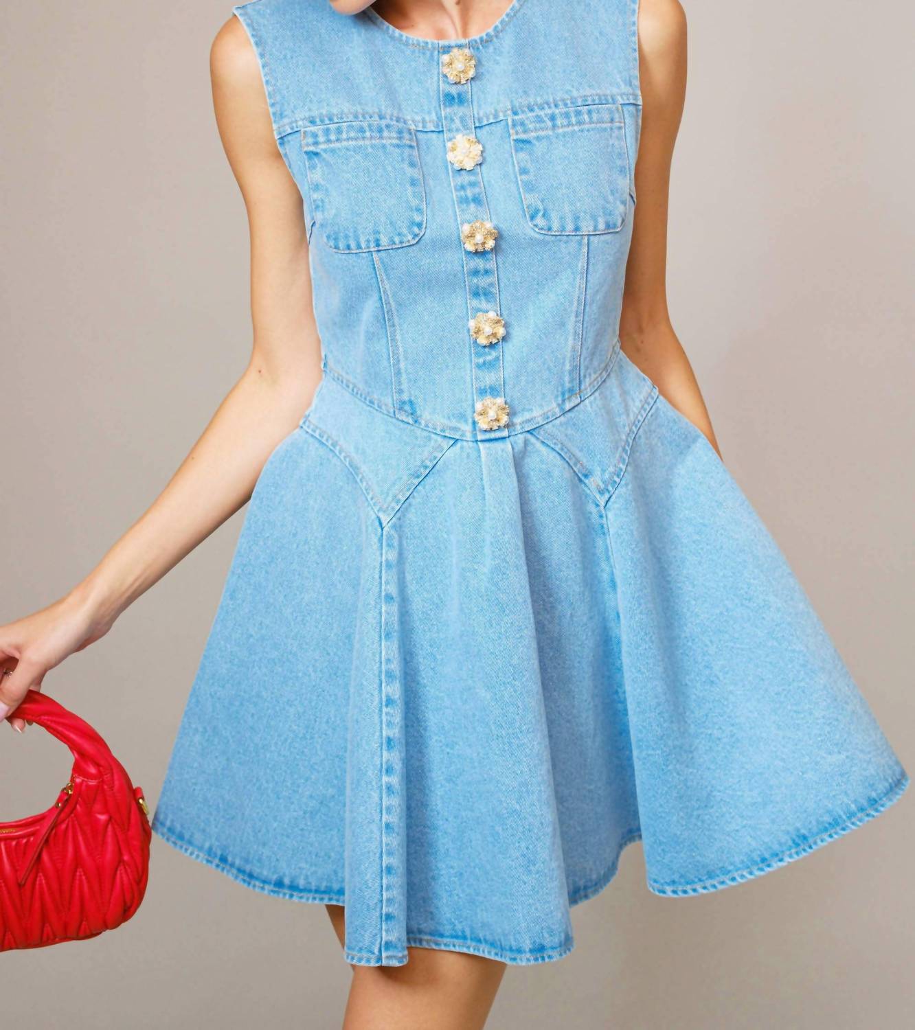 Blue B Jeweled Button Denim Flare Dress in light wash - women's dress - alternate view