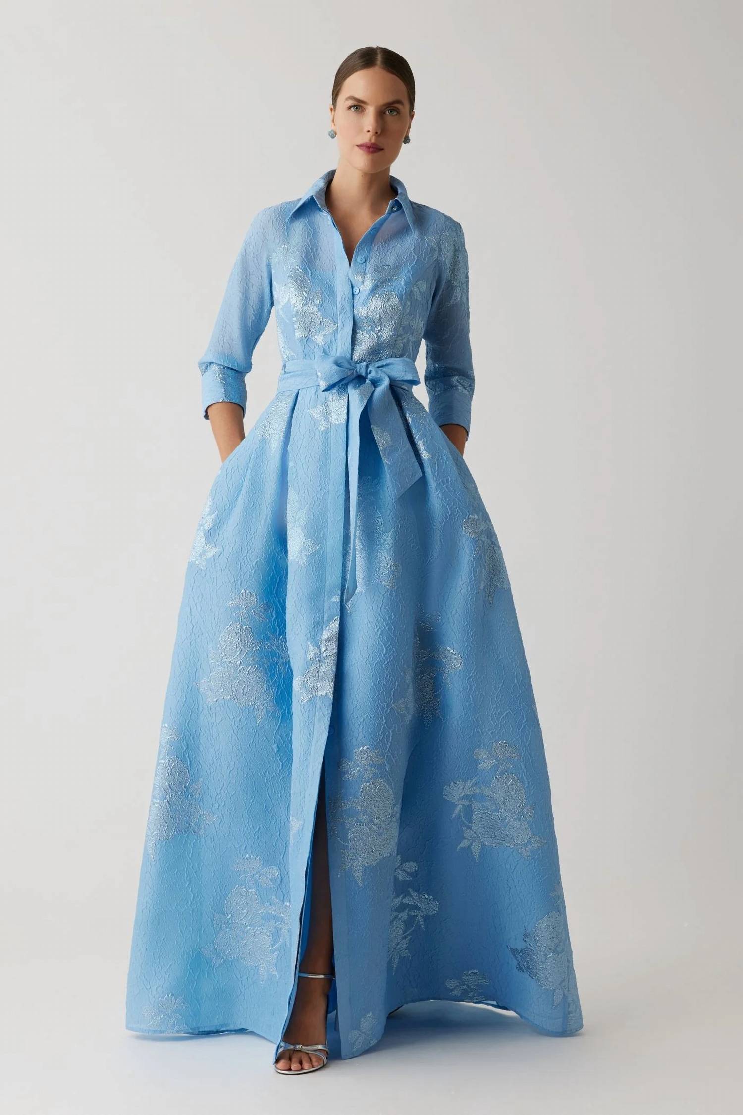 Teri Jon - Metallic Jacquard Shirt Waist Gown