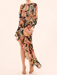 Misa Los Angeles Sky Asymmetrical Skirt in fiery flora chiffon - women's skirt - detail view