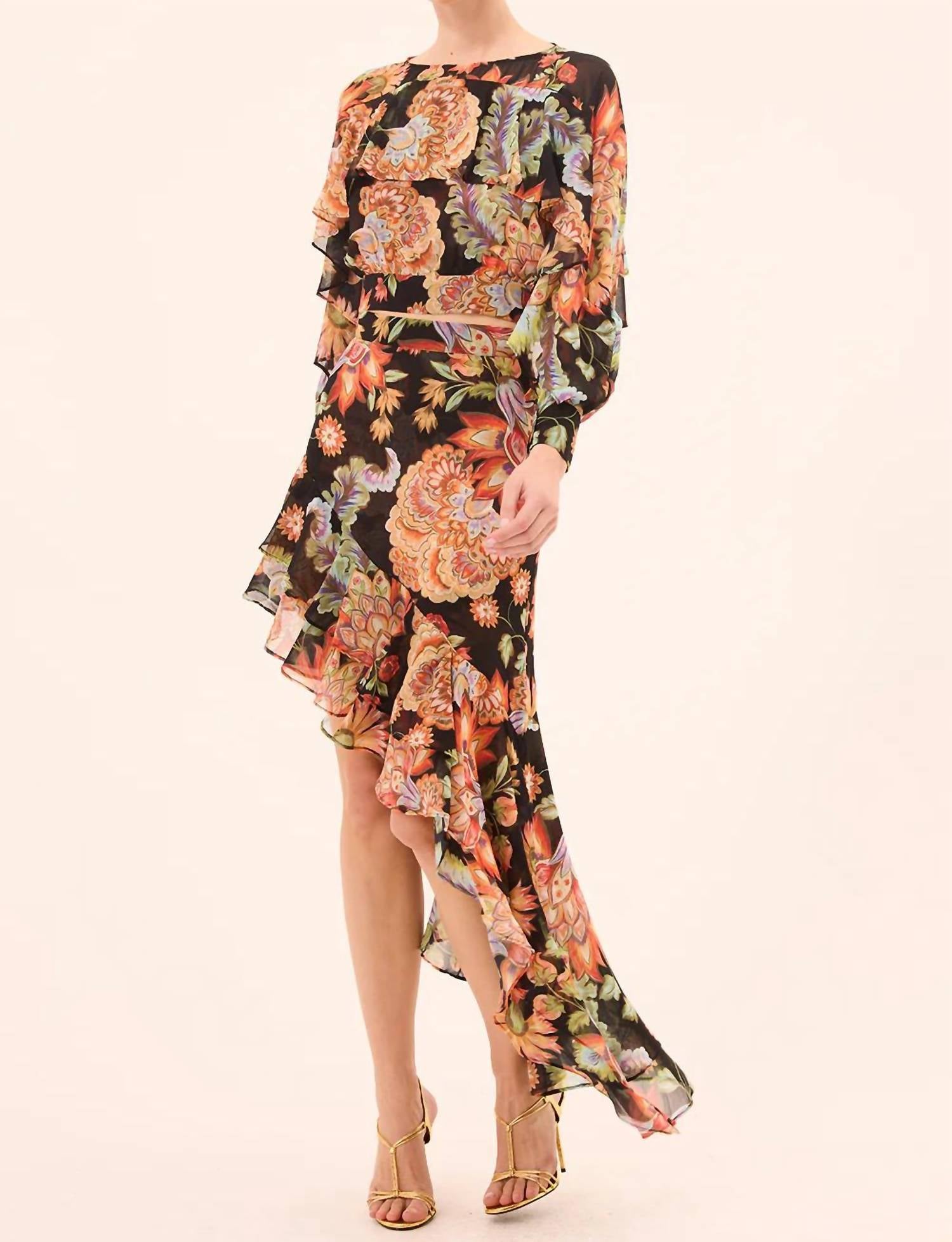 Misa Los Angeles Sky Asymmetrical Skirt in fiery flora chiffon - women's skirt - detail view